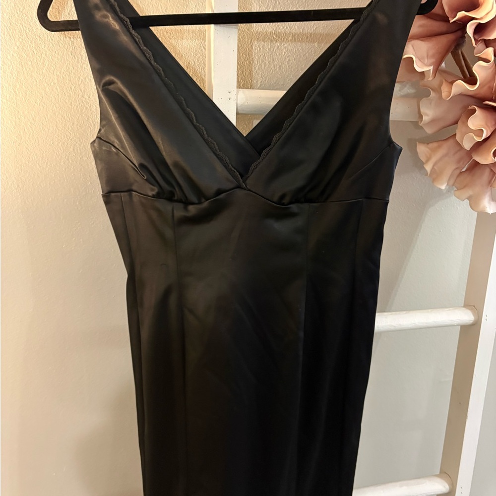 bebe Black Satin Plunge V-Neck Midi Cocktail Dress | Made in USA | Size Large